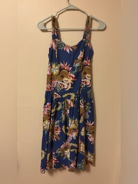 Blue Hawaiian Tropical Floral Smocked Midi Dress